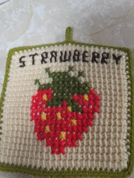 Handmade Crocheted Fruit Potholders - Strawberry & Apple - Cream and Green - Picture 3 of 11